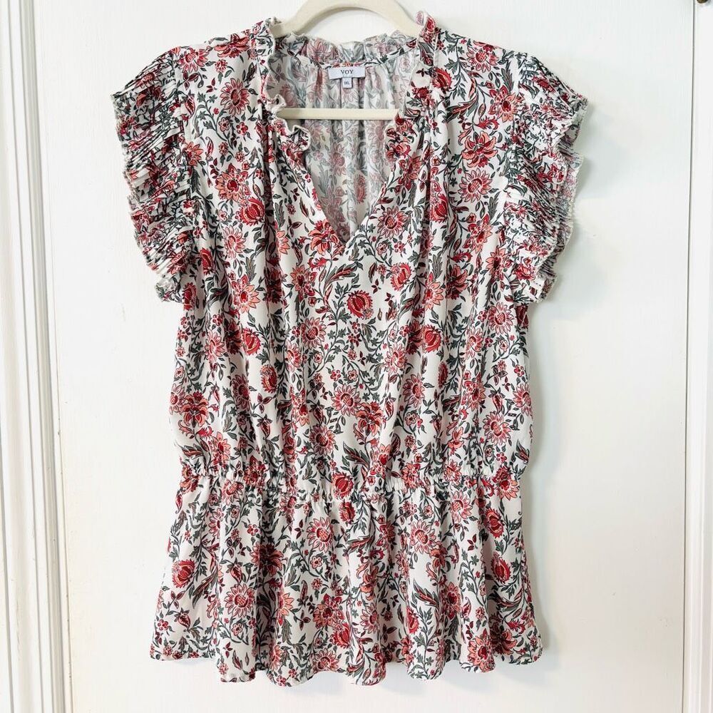 Voy 1X floral print peplum pleated cap sleeve ruffle neck blouse